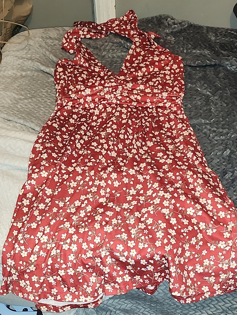 Women's Red Floral Halter Mini Dress - Summer Halter Neck